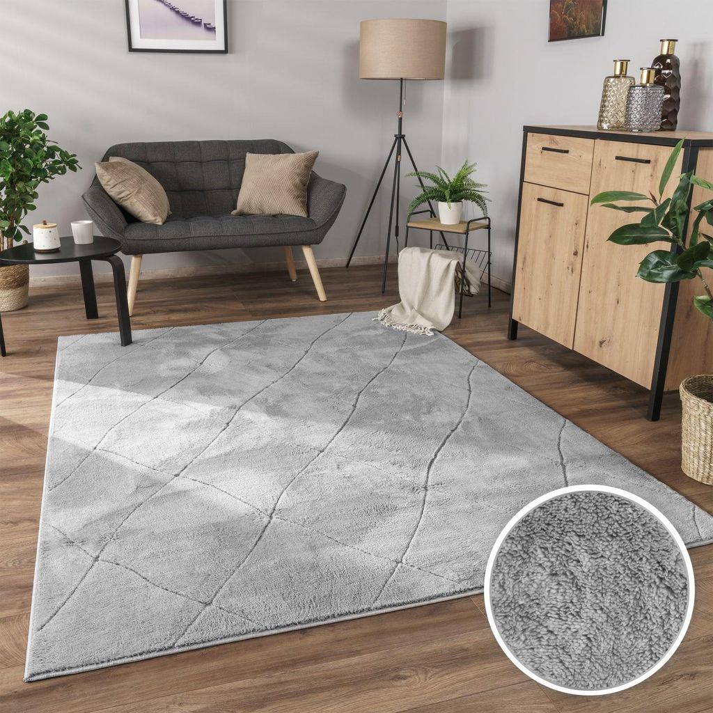 Waschbarer Teppich waschmaschinenwaschbar Unifarben Struktur Rauten Küche, Flur schmutzabweisend Grau Läufer 60x100 | 100% Polyester | Florhöhe:...