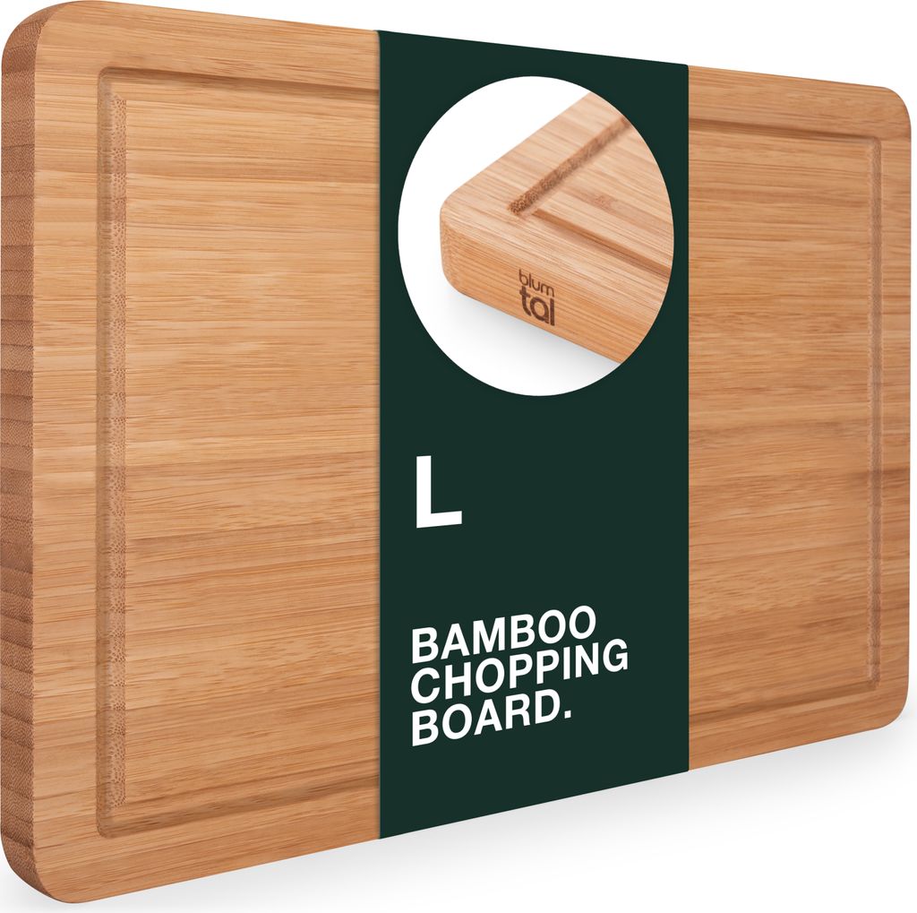 A bamboo chopping board with a label.