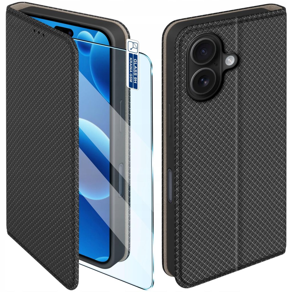 Etui Z Klapką Do Iphone 16 Zamykane Czarne Futerał + Szkło Zdjęcie produktu 