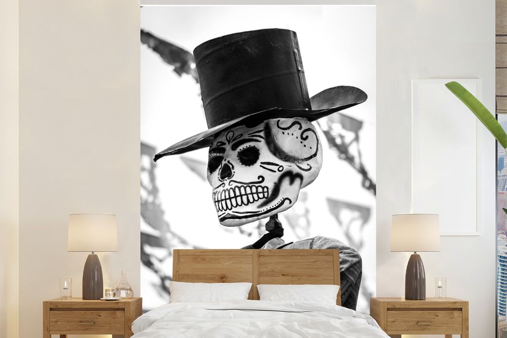 MuchoWow Fototapete für Wohnzimmer oder Schlafzimmer Wandtapete Vinyl Motivtapete Symbol für das Gedenken an die Toten Mexiko - schwarz-weiß -...