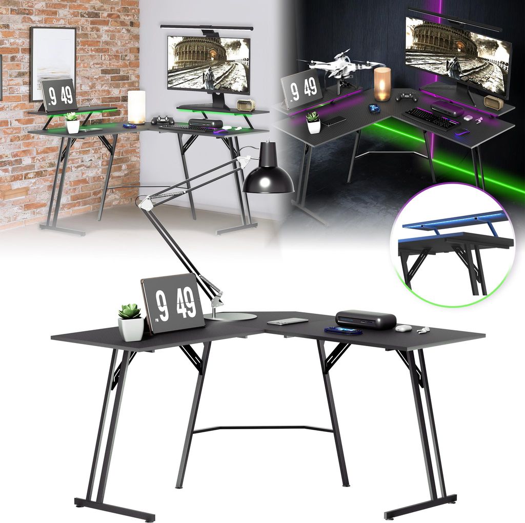 LZQ Gaming Tisch Schreibtisch l Form 140X50X73 cm, Computertisch mit 2 Monitorständer, Gaming Schreibtisch L-förmiger, PC Tisch Gamingtish mit Ko...