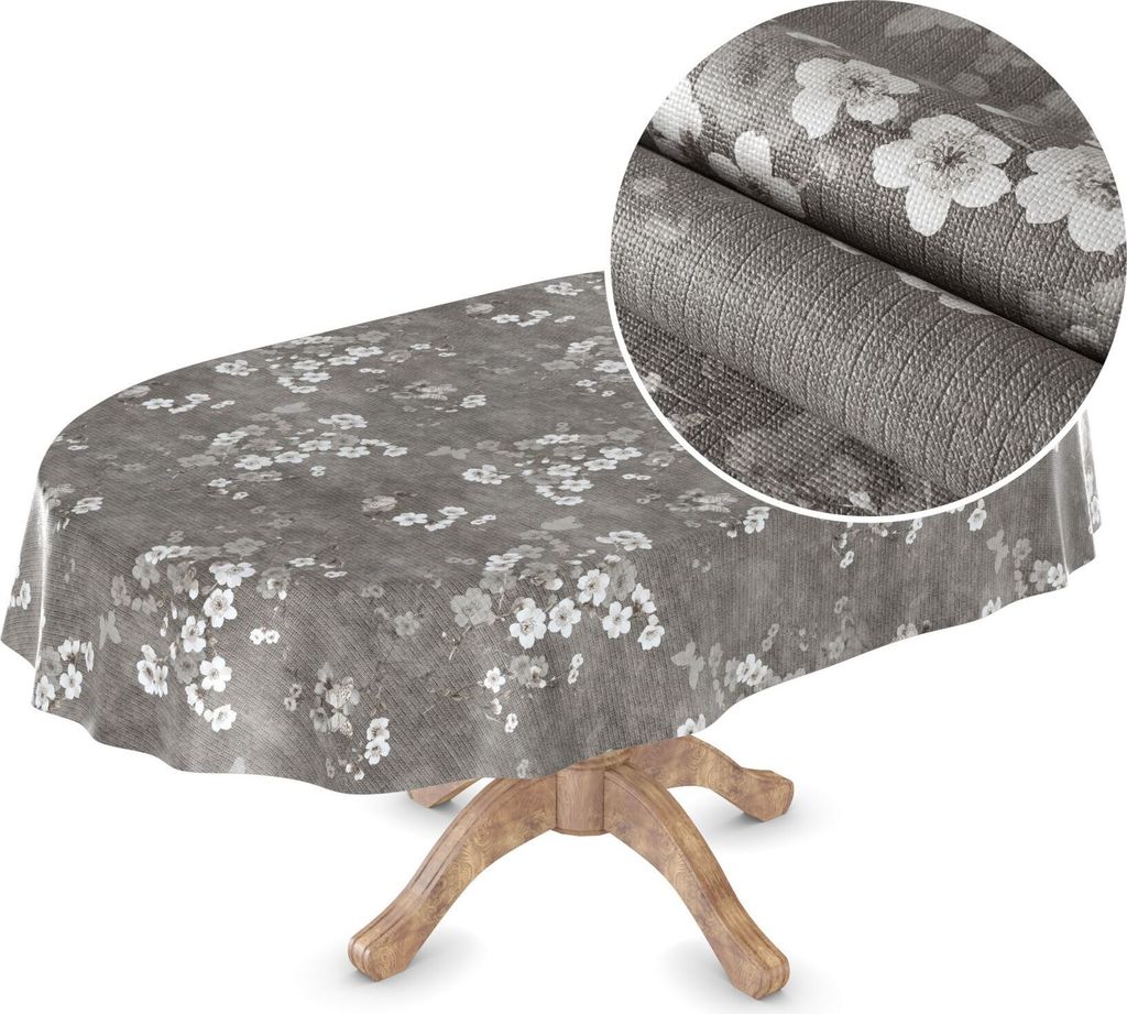 Tischdecke Wachstuch Premium Blumen Grau Robust Wasserabweisend Oval Breite 140 cm Länge 200 cm
