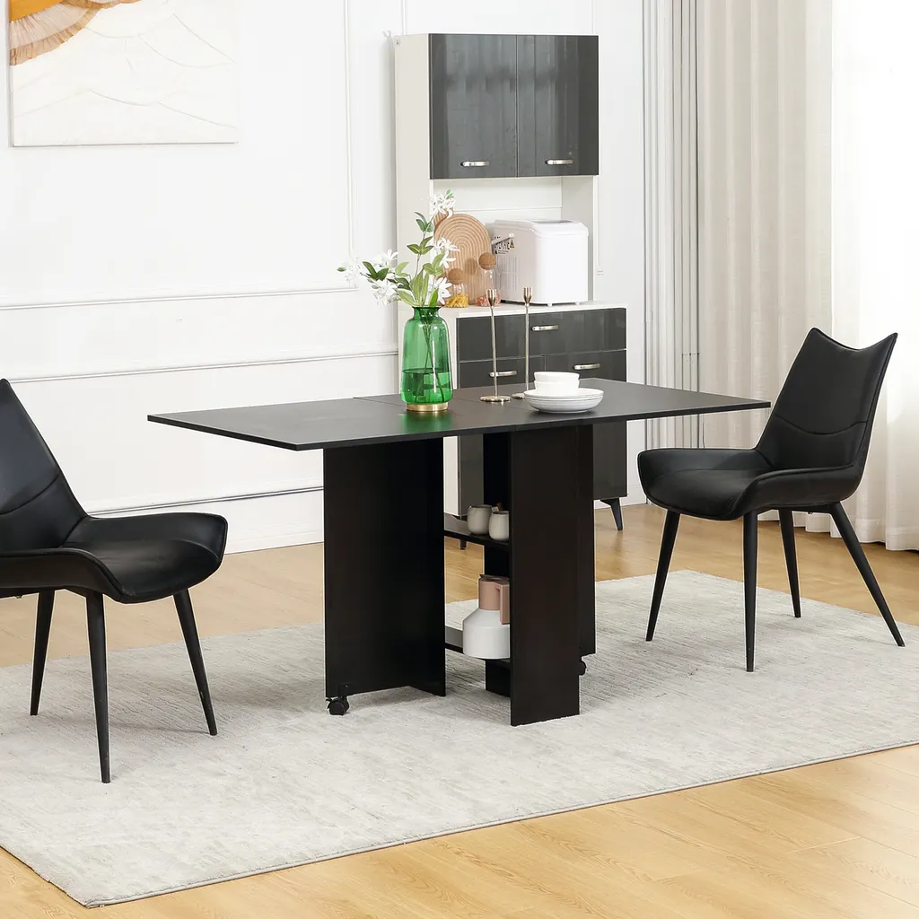 Table pliable à roulettes 140cm noire avec 2 étagères de rangement - 2