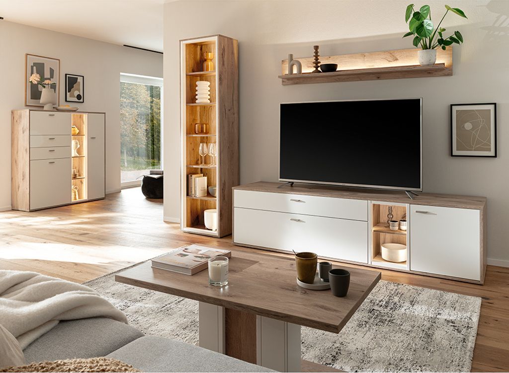 Wohnmöbel Set in Eiche und weiß modern mit Couchtisch & LED-Beleuchtung, 5-teilig - SAGUNTO-05