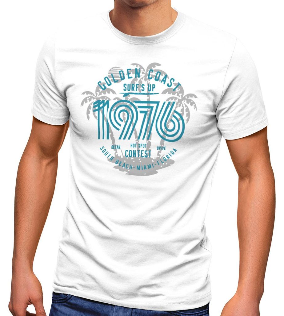 Herren T-Shirt Surf Design Retro Style Schriftzug Golden Coast Miami Florida USA Fashion Streetstyle Neverless weiß XL