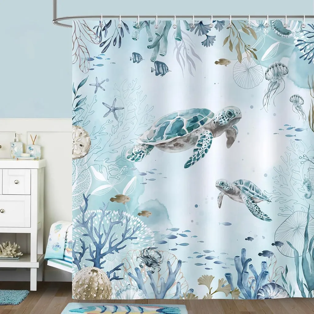 Tenda Doccia 180x200cm Antimuffa Bonhause - Tessuto Blu Tartaruga Marina - 2