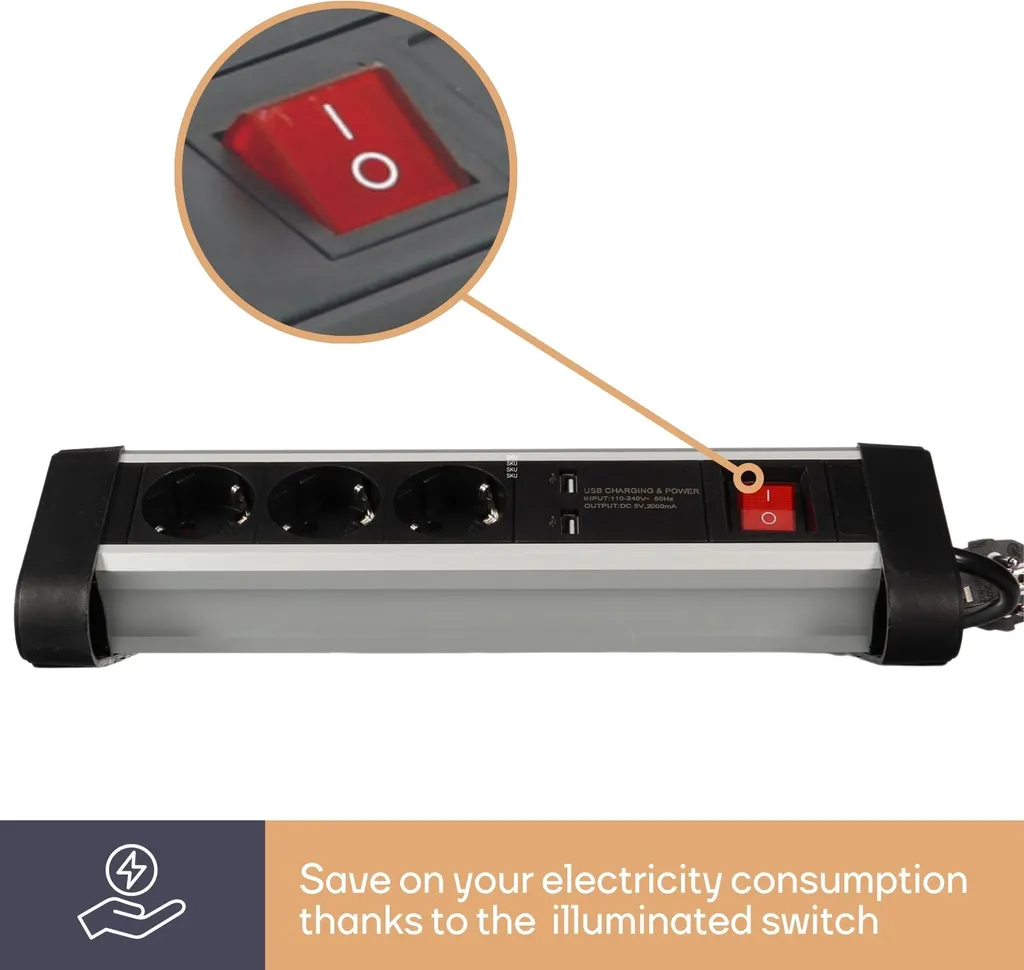 Presa di corrente da tavolo con 3 prese e 2 porte di ricarica USB - 2,4 A - Schuko - 6