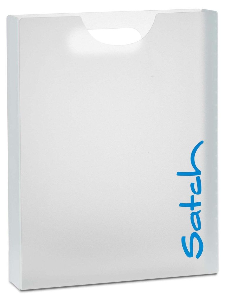 A white satch Heftbox Stylerbox with blue lettering.