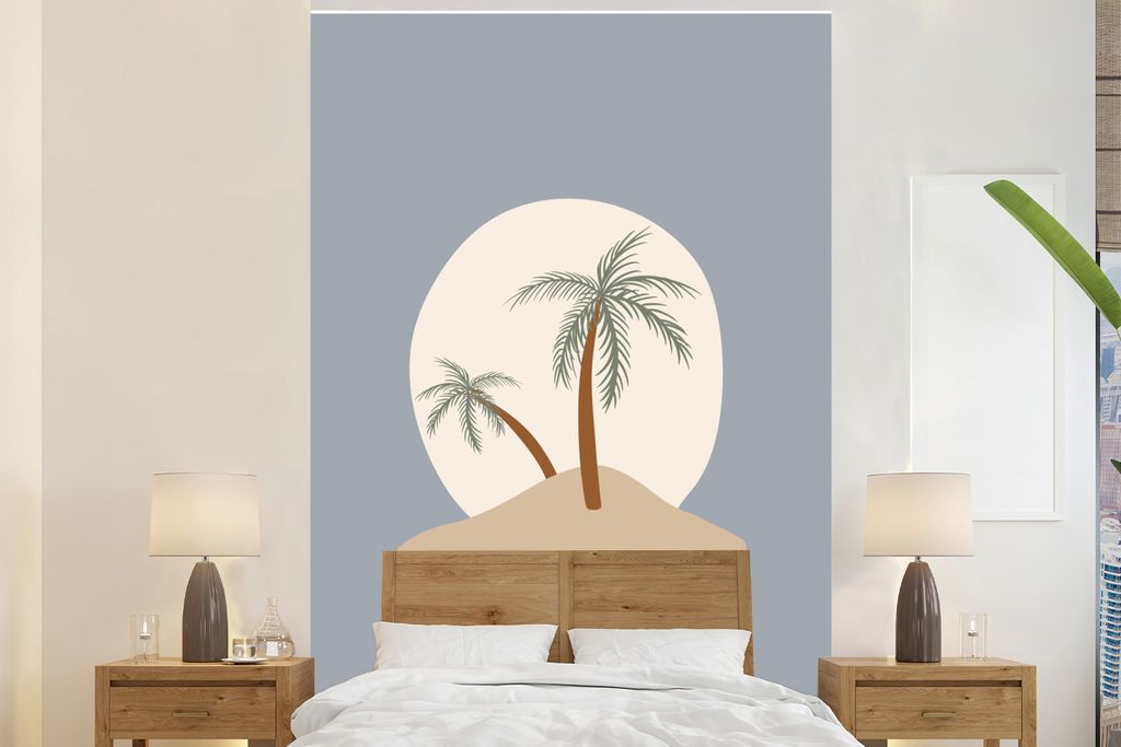 MuchoWow Fototapete für Wohnzimmer oder Schlafzimmer Wandtapete Vinyl Motivtapete Palme - Pastell - Blau - Sonne - 200x300 cm - Wanddekorationen