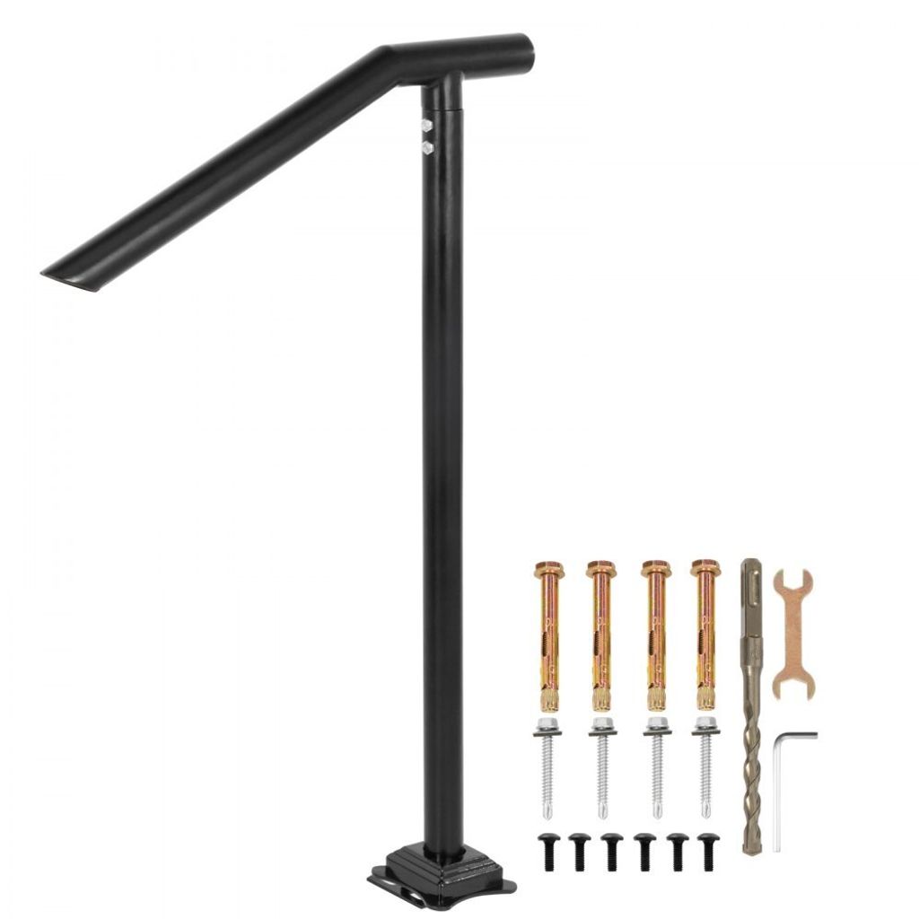 A black metal handrail for stairs is shown against a white background, along with its mounting hardware.