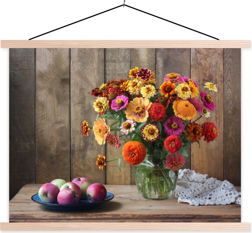 MuchoWow Textilposter Stilleben - Blumenstrauß - Apfel 120x90 cm mit holzfarbenen Rahmen - Magnetisch