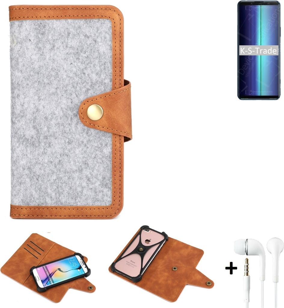 K-S-Trade Handyhülle + Kopfhörer kompatibel mit Oukitel WP10 Schutzhülle Filz Hülle Kunstleder hellgrau braun (1x)