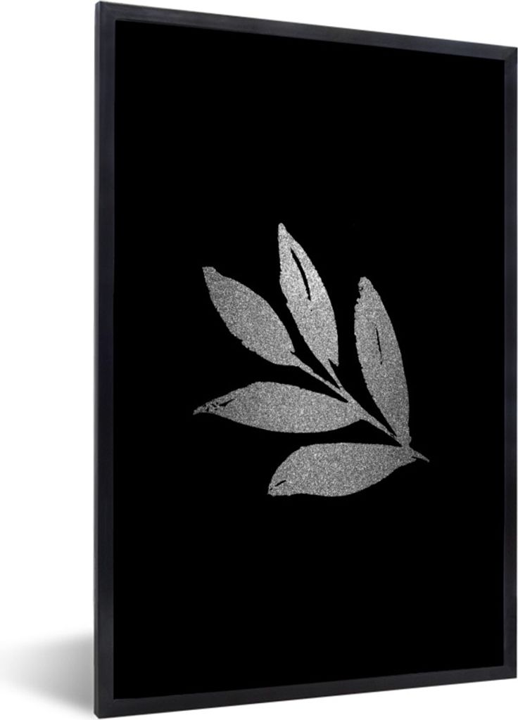 MuchoWow Gerahmtes Poster Zweig mit fünf Blättern auf schwarzem Hintergrund - schwarz und weiß 20x30 cm - Poster mit Schwarzem Bilderrahmen Wa...