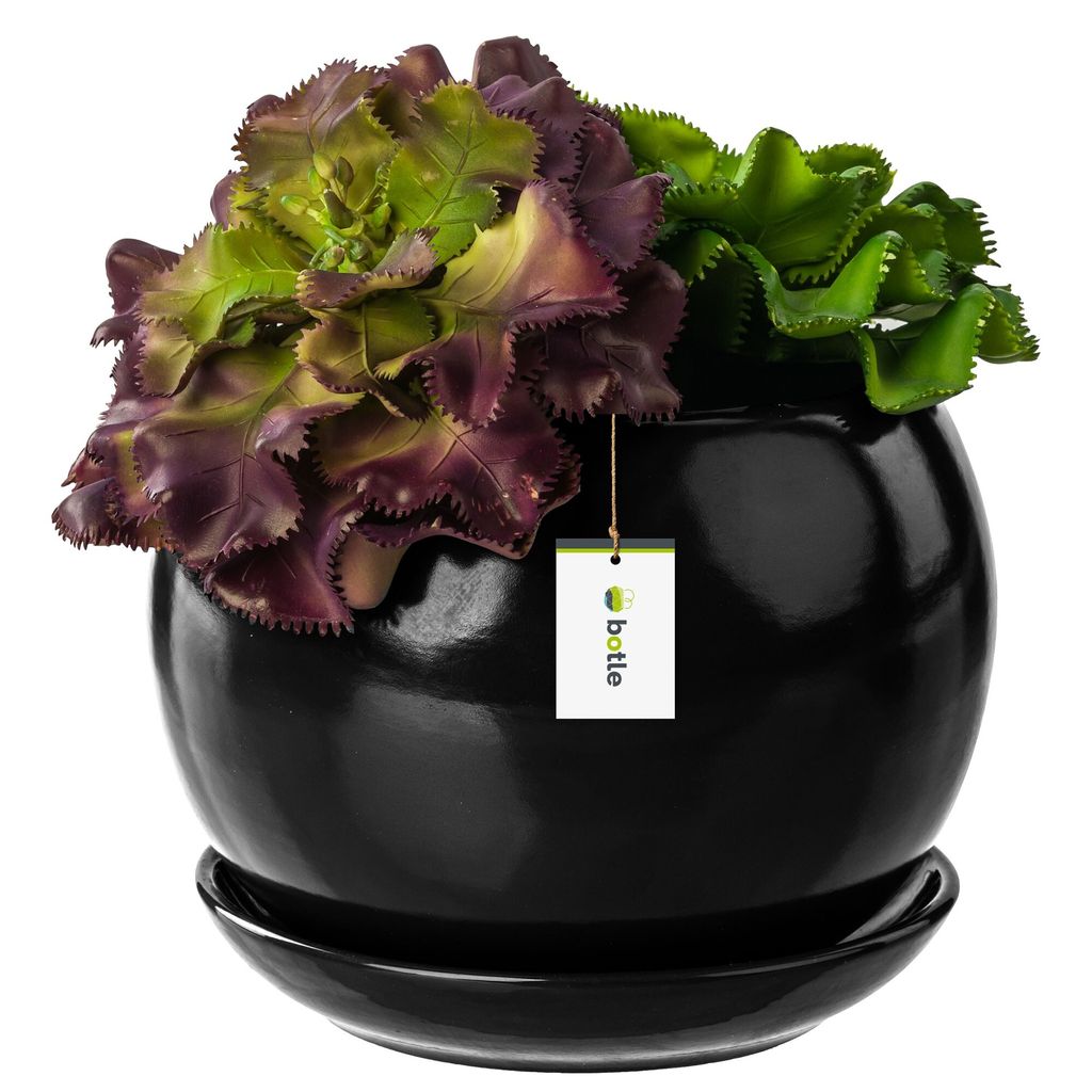 Blumentopf Blumenübertopf Schwarz Kugel Blumenschale mit Untersetzer Rund BxH 140 mm x 130 mm Oberfläche Glanz Keramik Modern Glamour