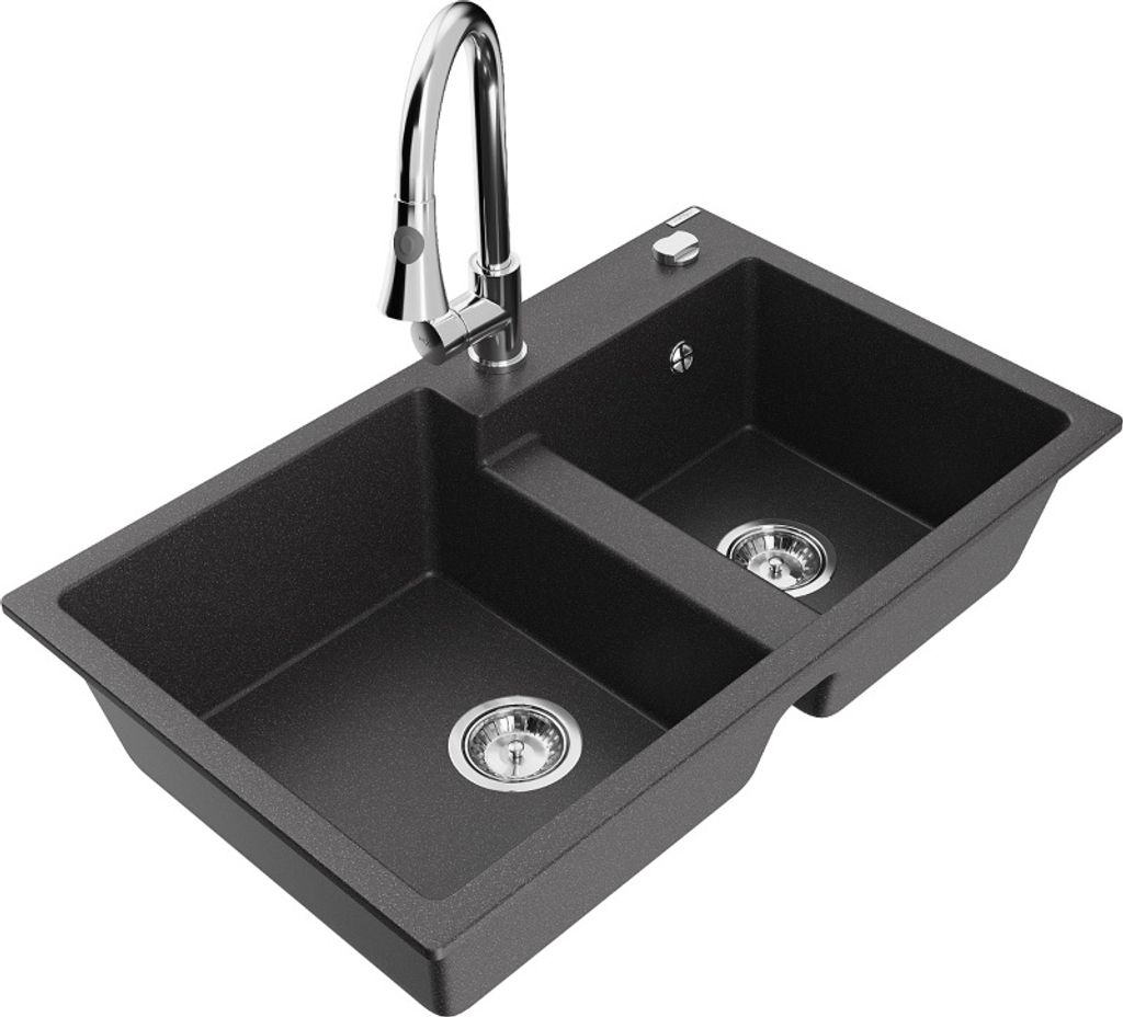 Mexen Tomas 2-Becken-Granitspüle mit Mischbatterie Elia, Schwarz gesprenkelt - 6516-76-670101-00