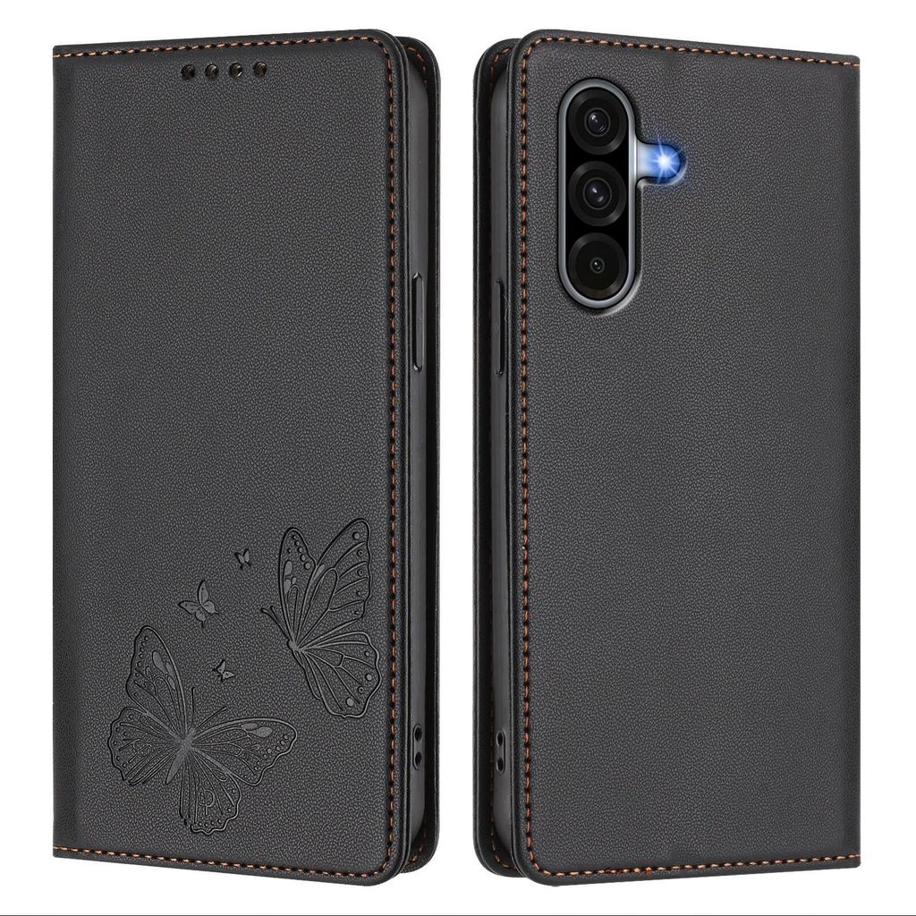 Lederhülle für Samsung Galaxy A17 5G/4G, Schmetterling Prägung Leder Brieftasche Schutzhülle mit Ständer Schwarz