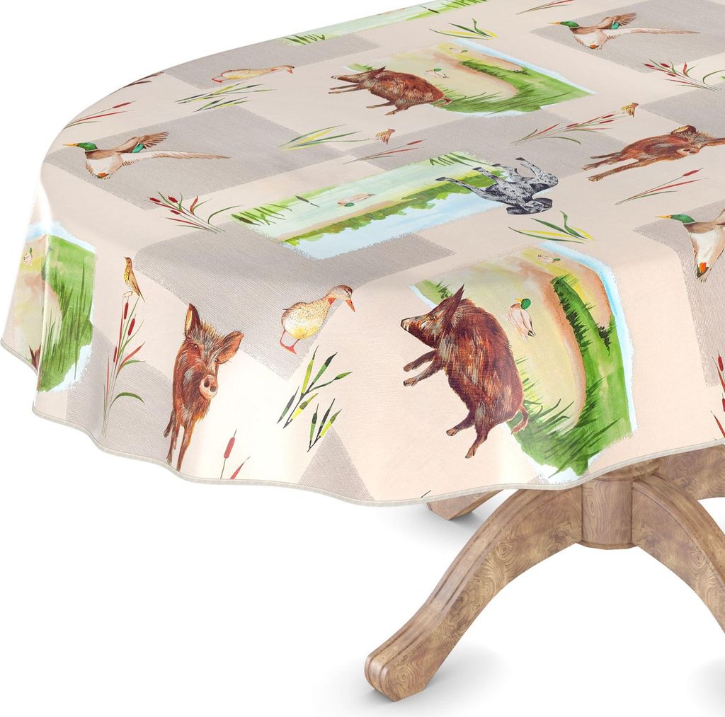 Tischdecke Wachstuchtischdecke Gartentischdecke Wachstischdecke Tieren Beige Wasserabweisend Oval Breite 140 cm Länge 200 cm mit Paspelband