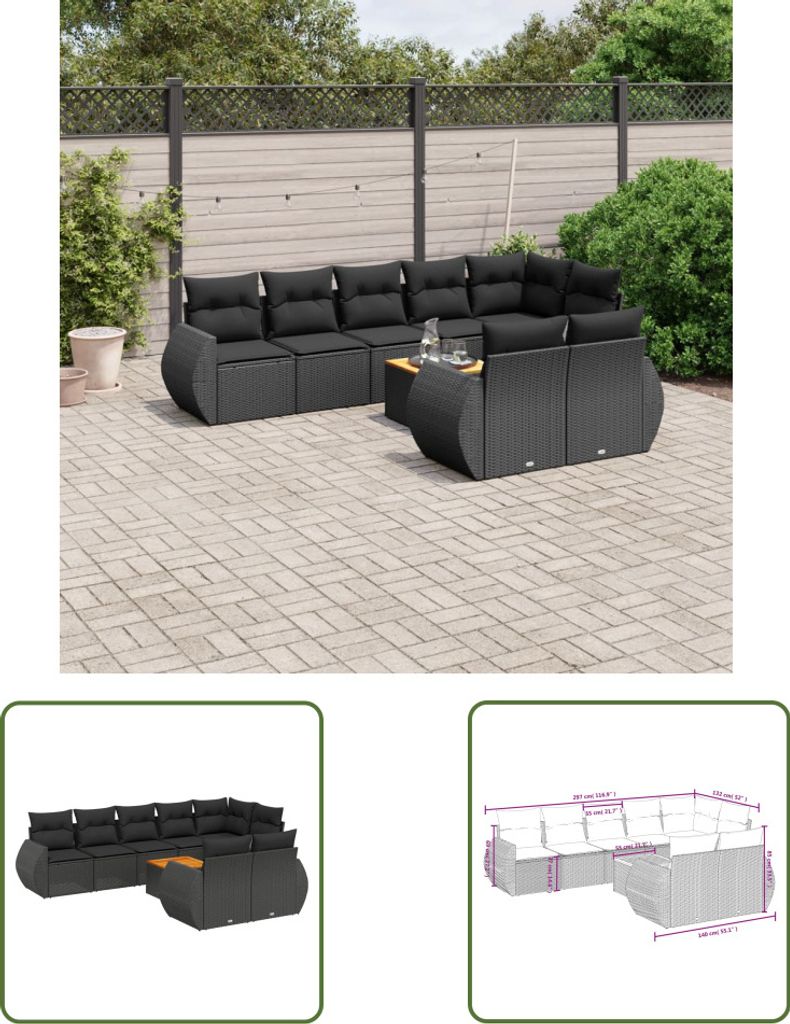 The Living Store 9-tlg. Garten-Sofagarnitur mit Kissen Schwarz Poly Rattan