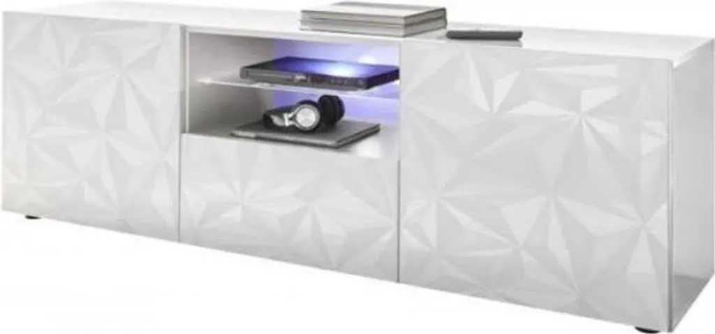 Banc TV laqué blanc brillant 181 cm PARIGI pour Grand Écran de Salon