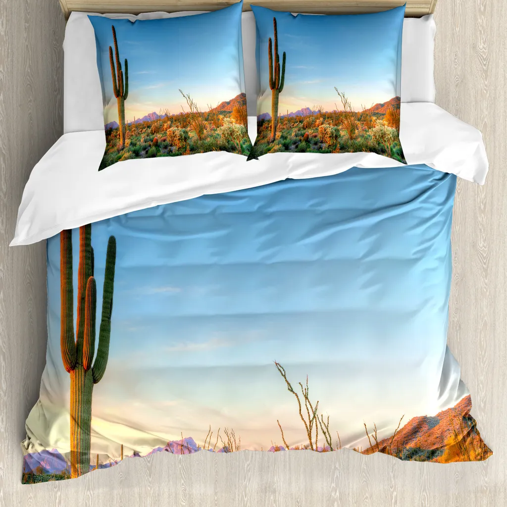 ABAKUHAUS Copripiumino Cactus, paesaggio con tramonto e cactus, antiacaro, adatto a chi soffre di allergie, con federe, 155 cm x 220 cm - 80 x 80 cm, multicolore