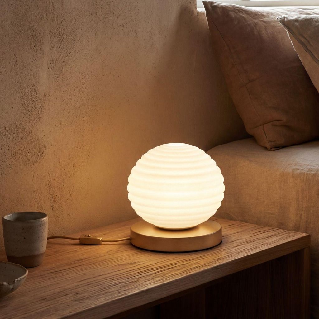 Tischleuchte Metall Glas Ø 18 cm rund H: 16,5 cm in Gold Weiß E27 Tischlampe Beistelllampe Nachttischlampe