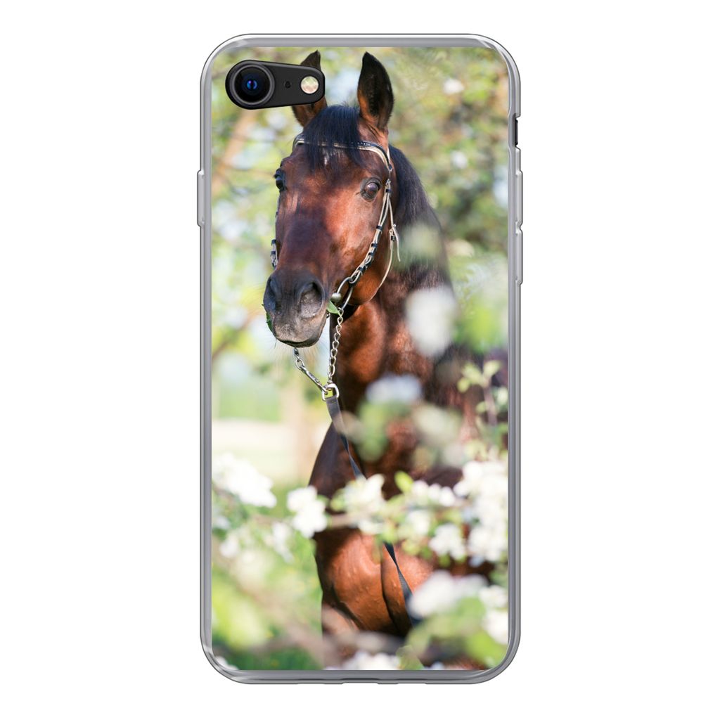 MuchoWow Handyhülle Schutzhülle Hülle für iPhone SE 2022 Pferde - Blüte - Frühling - Tiere Silikon Softcase Handy Hülle - Schutzhülle