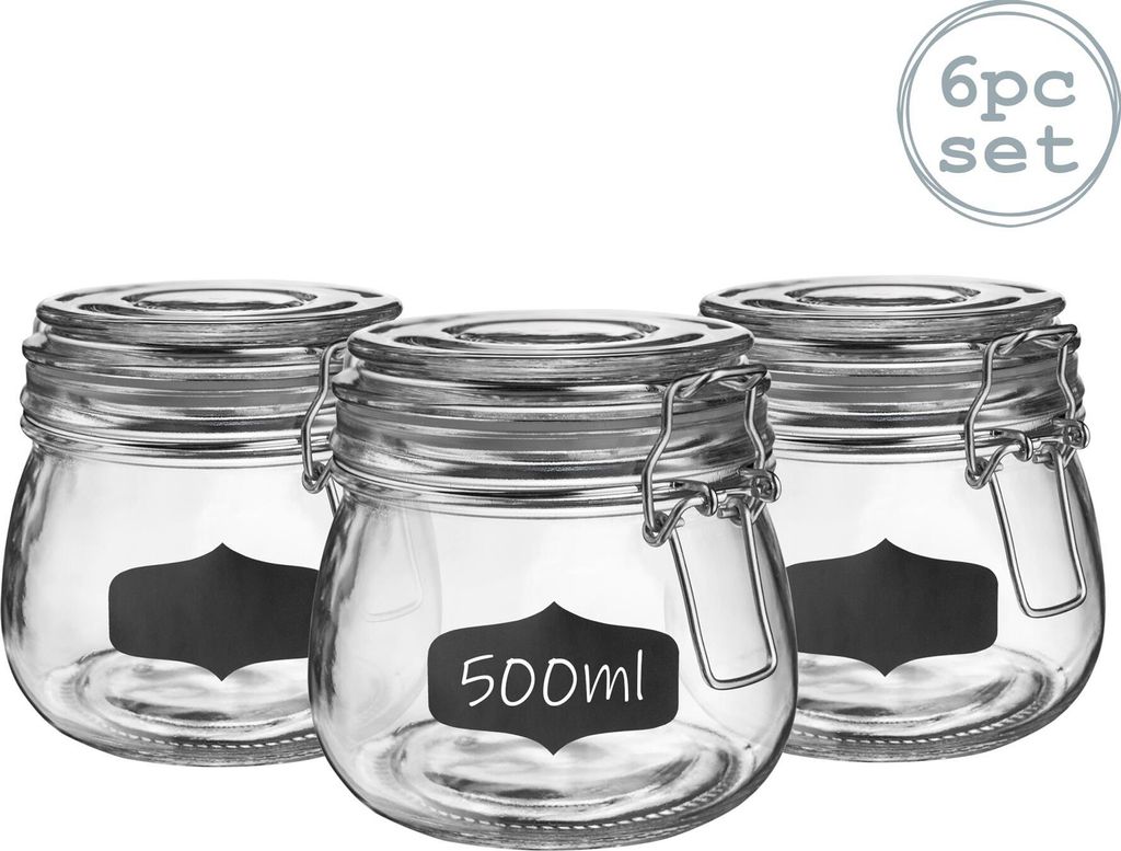 Vorratsgläser aus Glas mit Etiketten – 500 ml – transparenter Verschluss – 6 Stück
