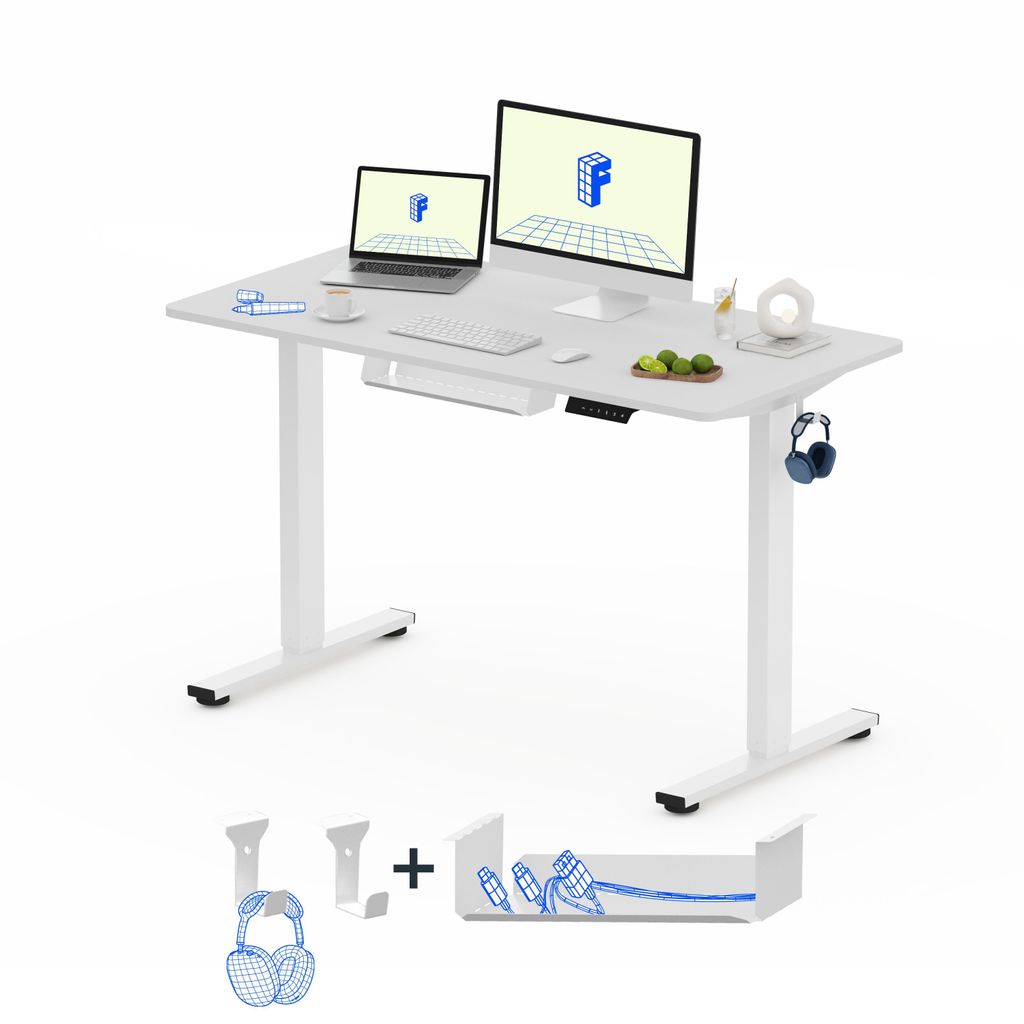 FLEXISPOT EN1 Höhenverstellbarer Schreibtisch 120x60cm elektrisch mit einteiliger Tischplatte, Kabelmanagement und Haken, 4 Memory-Funktion (Weiß)