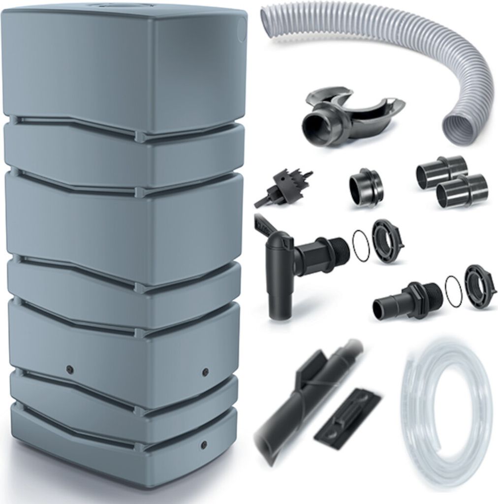 Set aus Aqua Tower 650L Regenwassertank, Anschluss-Set für Regenwassertanks Icanset 1 + Icanset 5