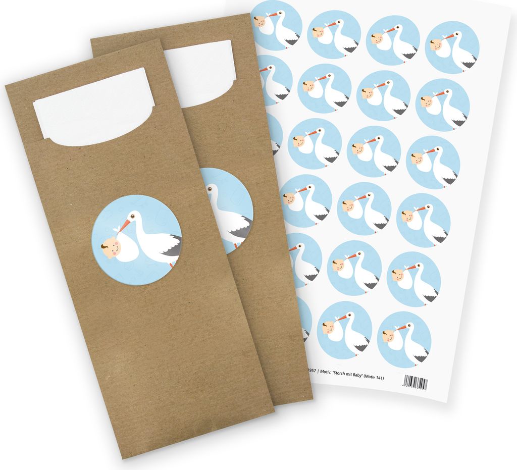 itenga 24x Bestecktaschen + Stickerbogen "Storch mit Baby" Produktbild 