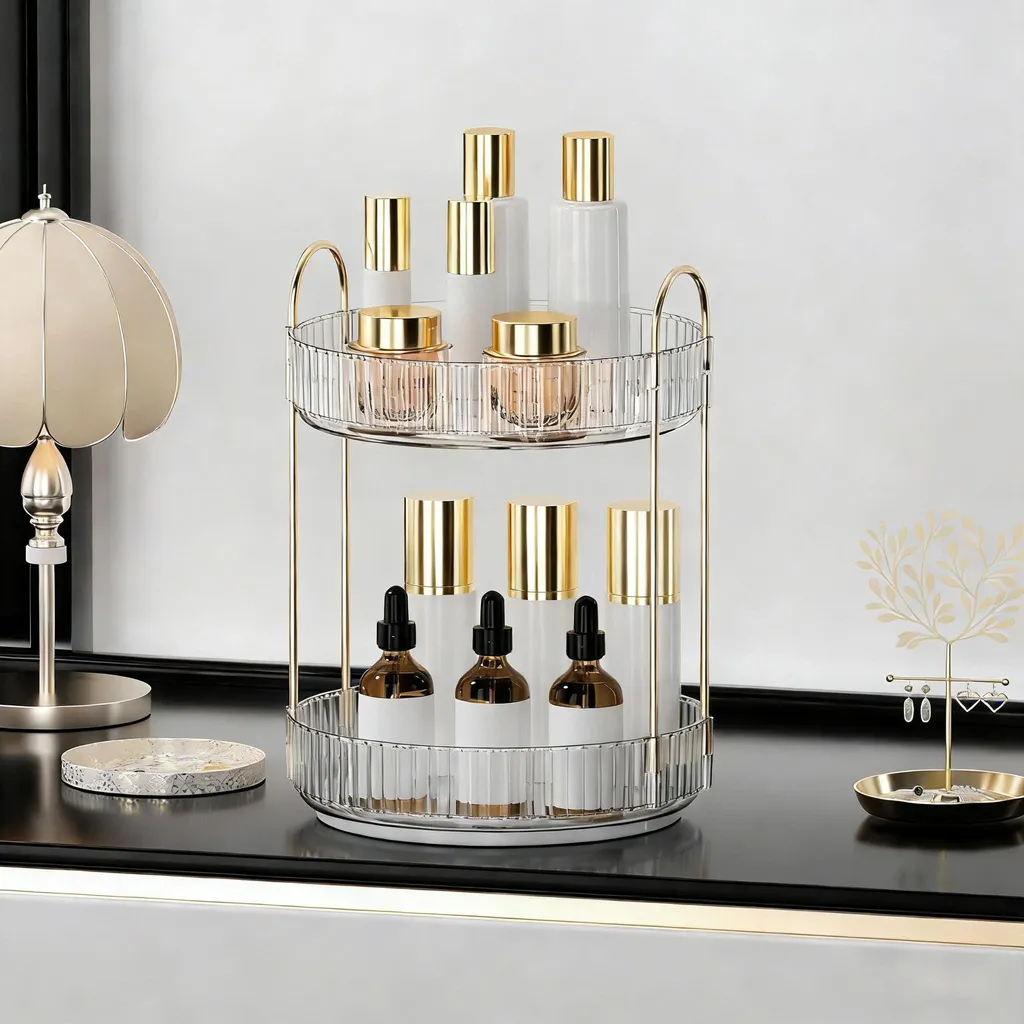Rangement Maquillage Rotatif 360° Transparent à 2 Niveaux pour Coiffeuse