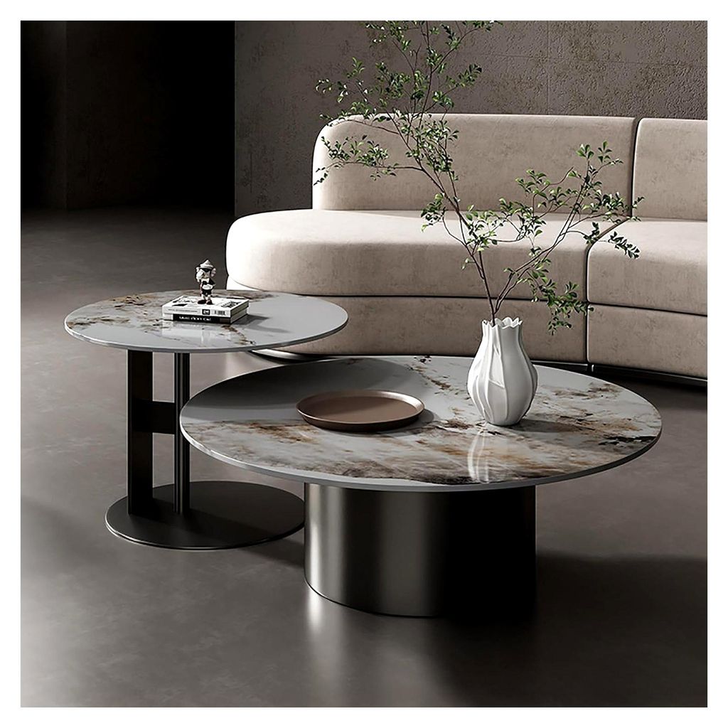 Moderner runder Couchtisch-Set mit Marmorplatte und goldfarbenem Metallsockel für Wohnzimmer und Empfangsraum