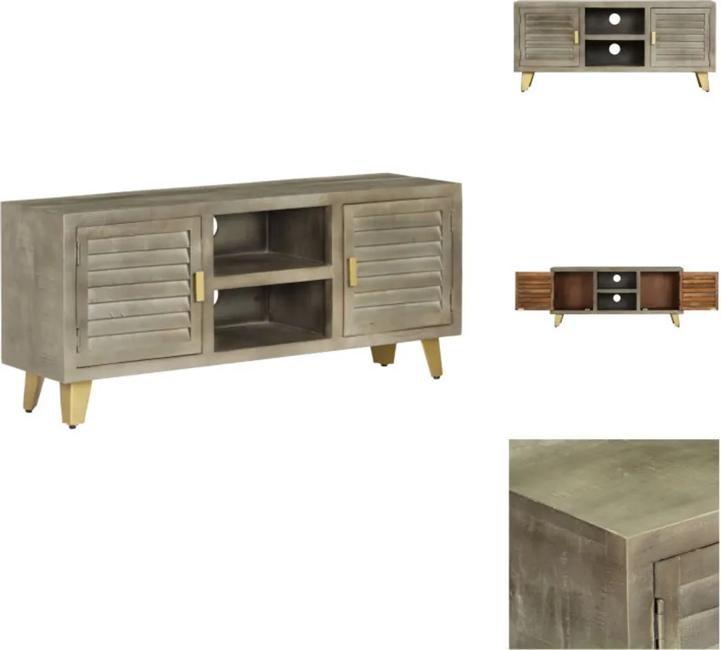 Meuble TV Gain de Place 110 cm Gris en Bois Massif pour Salon Ordonné