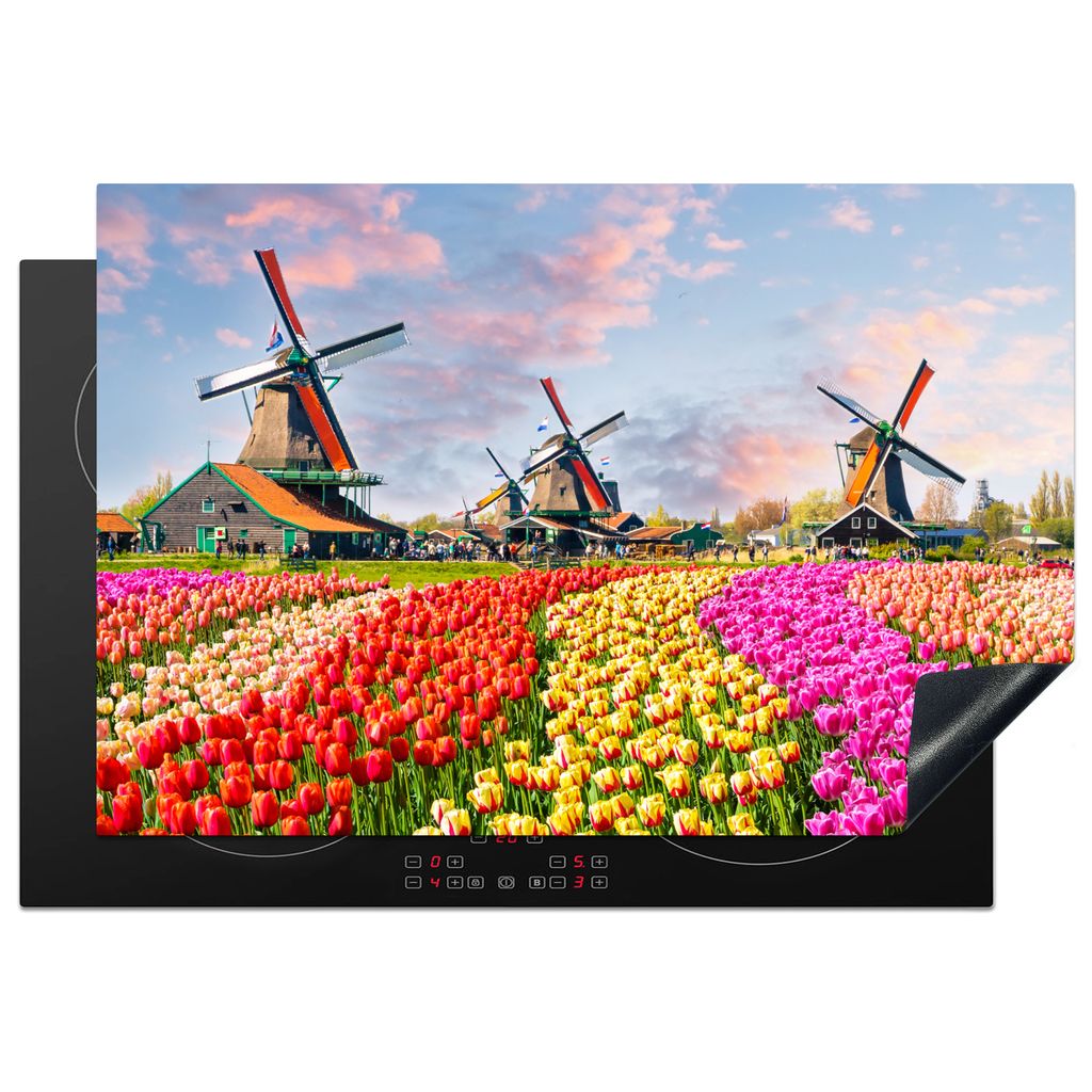 KitchenYeah Herdabdeckplatte Mühle - Tulpen - Blumen - Regenbogen - Niederländisch , 78x52cm, Küche Deko, Glaskeramikkochfeld Herdabdeckung, A...