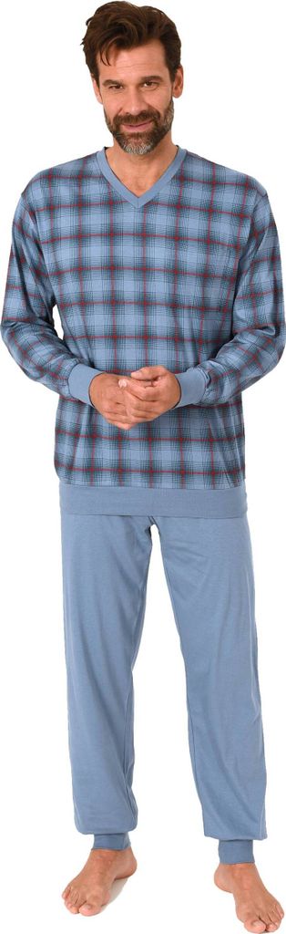 Normann Herren Langarm Schlafanzug mit Bündchen Pyjama Oberteil kariert-auch in Übergröße ; blau , 54