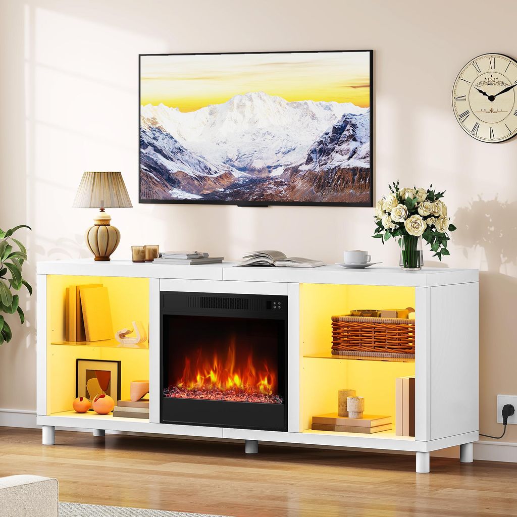 148 cm TV-Schrank mit elektrischem Kamin und Heizfunktion, LED-3D-Flammeneffekt, eingebautem 1800-W-Elektrokamin, Timer, Thermostat und Fernbedienung