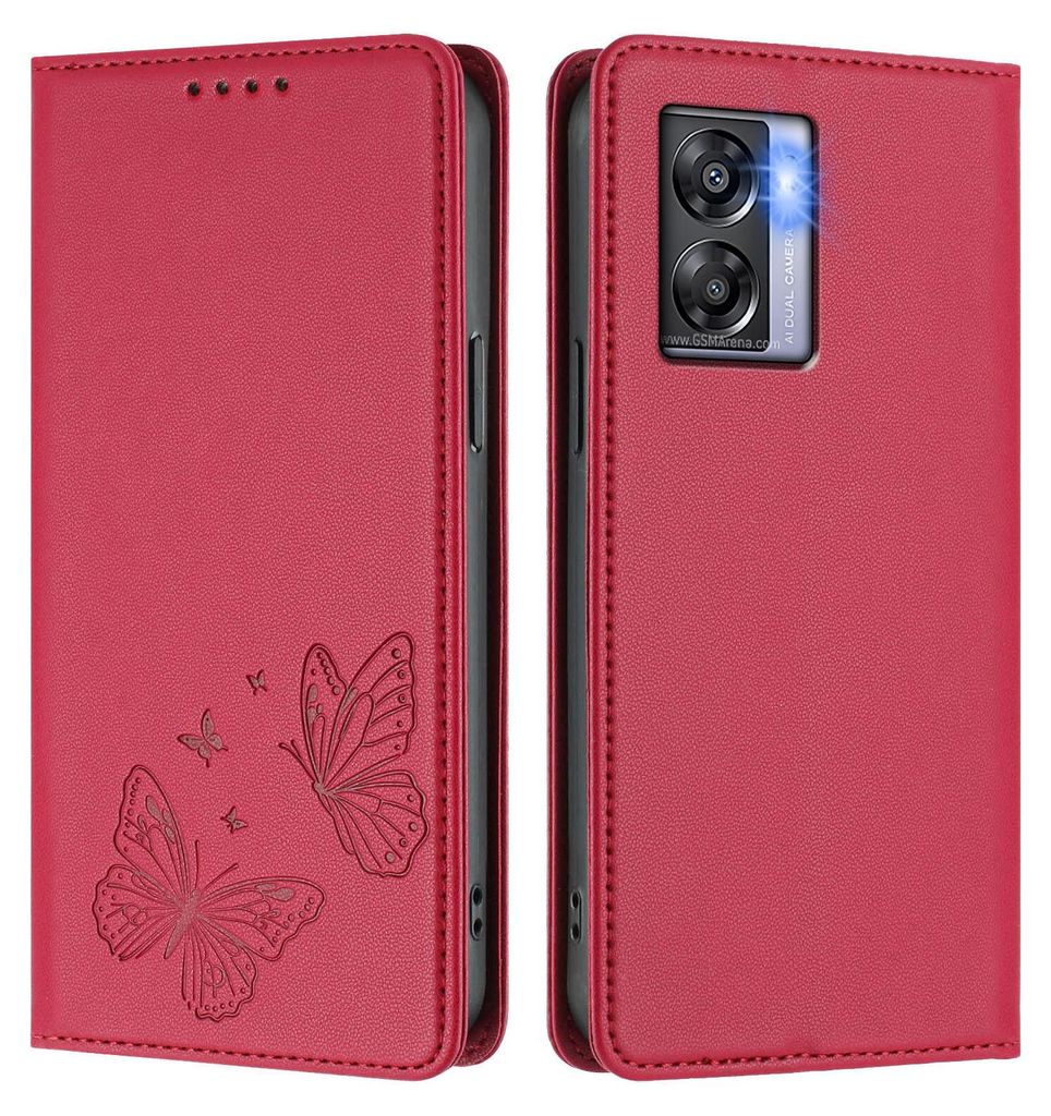 Lederhülle für Oppo K10 5G, Schmetterling Prägung Leder Brieftasche Schutzhülle mit Ständer Rot