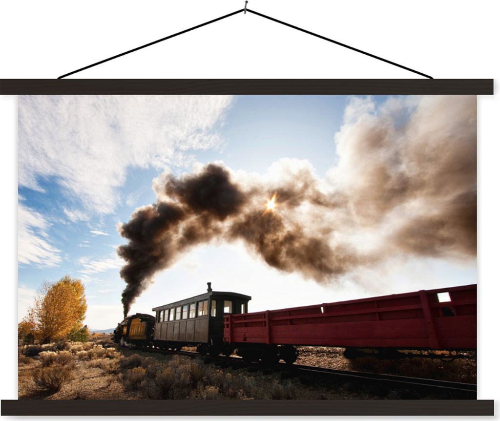 MuchoWow Textilposter Viel Dampf über der Dampflokomotive 120x80 cm mit schwarzem Rahmen - Wanddeko