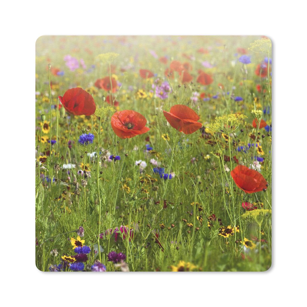 MuchoWow Mauspad Mousepad Frühling - Blumen - Rot - Mohn - Gras - Grün 20x20 cm - Mousepads - Maus Mat - Pad - Mausunterlage - Desk Mat - Burea...