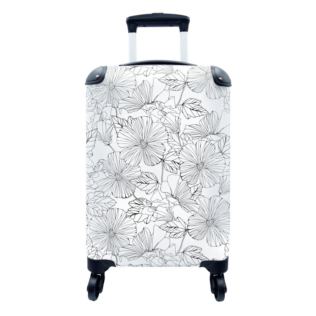 MuchoWow Koffer Handgepäck Trolley Rollkoffer Kleine Reisekoffer mit 4 Rollen - Blumen - Schwarz - Weiß - Design - Flora - Cabin Size < 55x40x2...