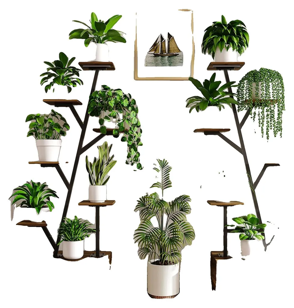 Porte-plante multi-niveaux en métal robuste forme arbre - 2 unités
