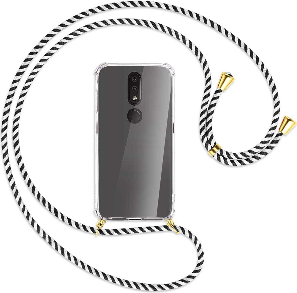 Handykette Backcover-Schutzhülle mit Band (Metall goldfarben) für Nokia 4.2 - schwarz/weiß gestreift