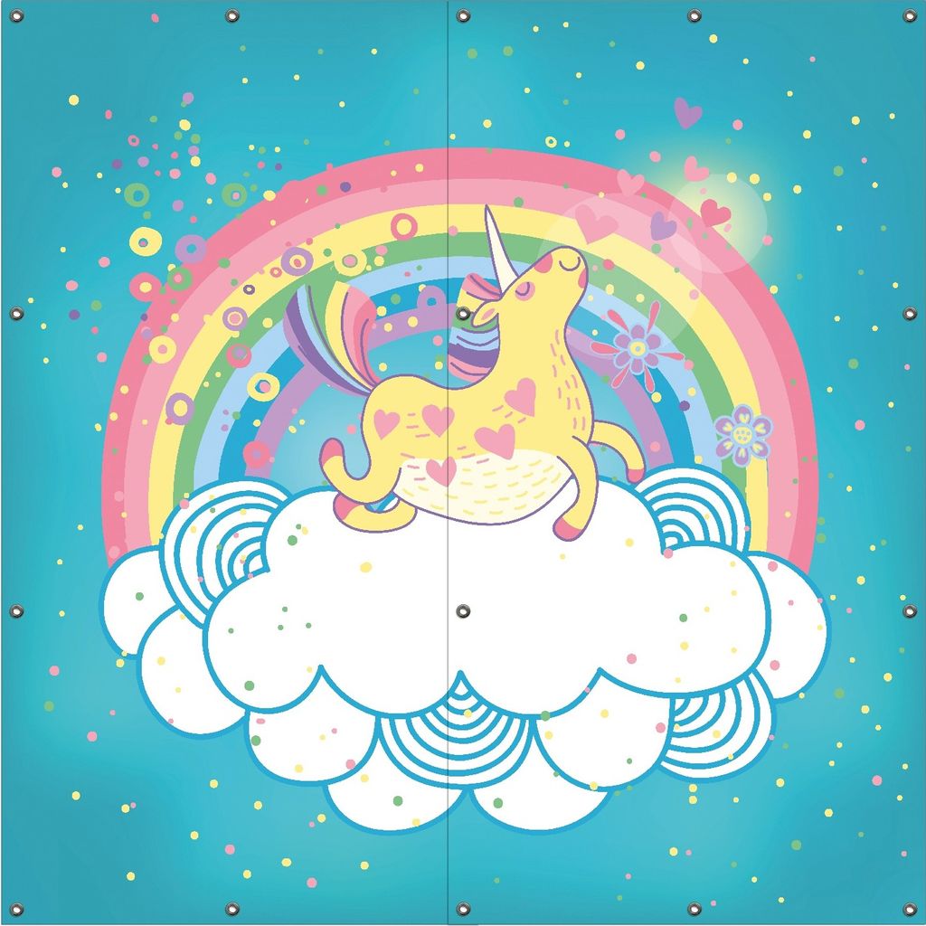 Wallario Outdoor-Poster für Garten oder Balkon, Motiv Lustiges Einhorn auf einer Wolke vor Regenbogen, in ca. 180 x 180 cm