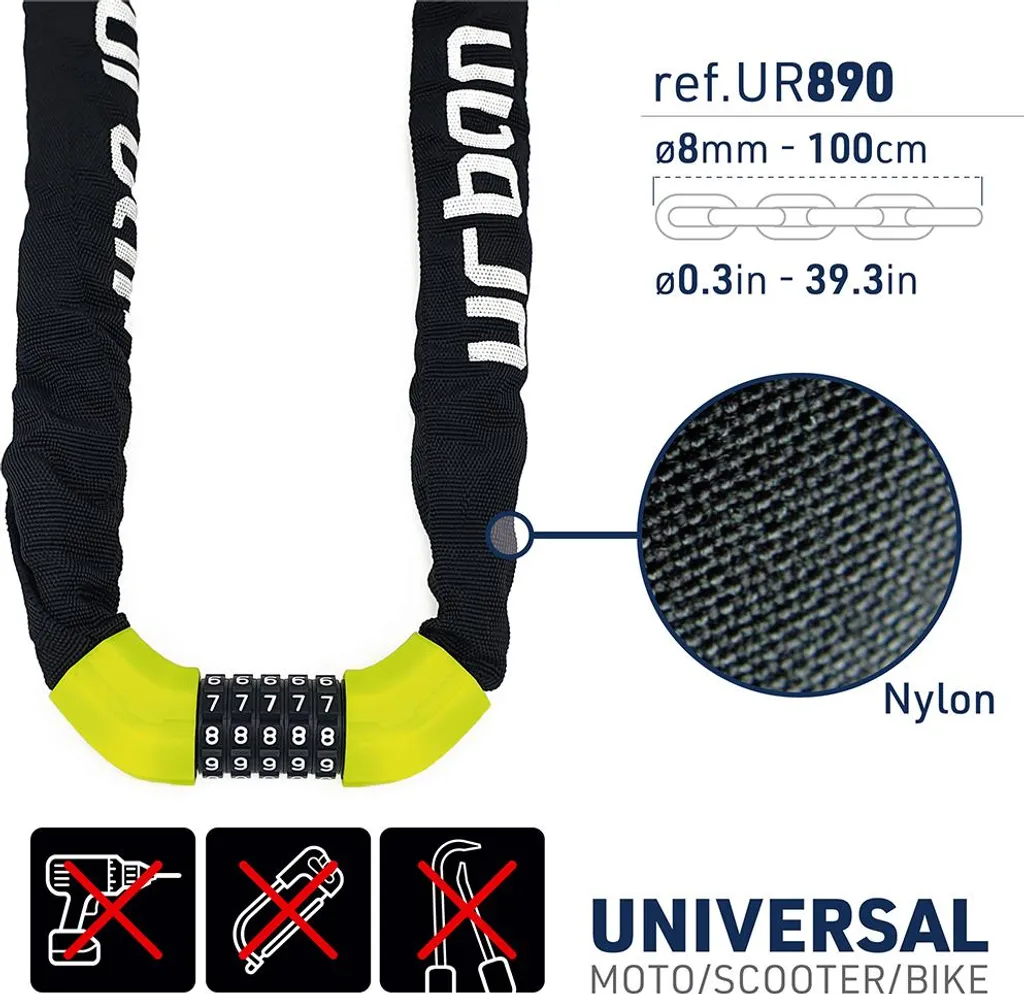 Antivol Chaîne à Code UR890 Jaune 100 cm avec Protection Textile Souple