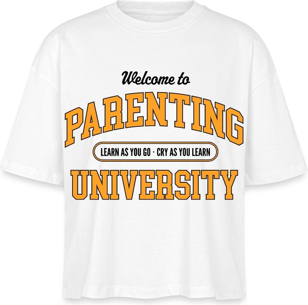 Spreadshirt Parenting University Lustiges Eltern Humor Motiv Boxy Shirt Damen, XS, Weiß