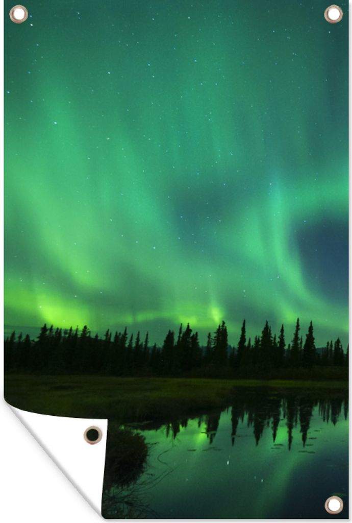 MuchoWow 60x90 cm Outdoor-Poster Gartendeko Sichtschutz Garten Poster für den Garten Nordlicht - Bäume - Wasser - Alaska