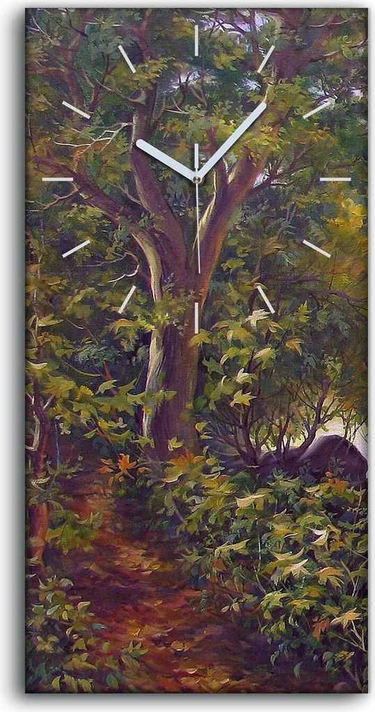 Wohnzimmer-Bild Leinwand Uhr 30x60 Malerei Wald Bäume Fluss Steine Berg Kunst - weiße Hände