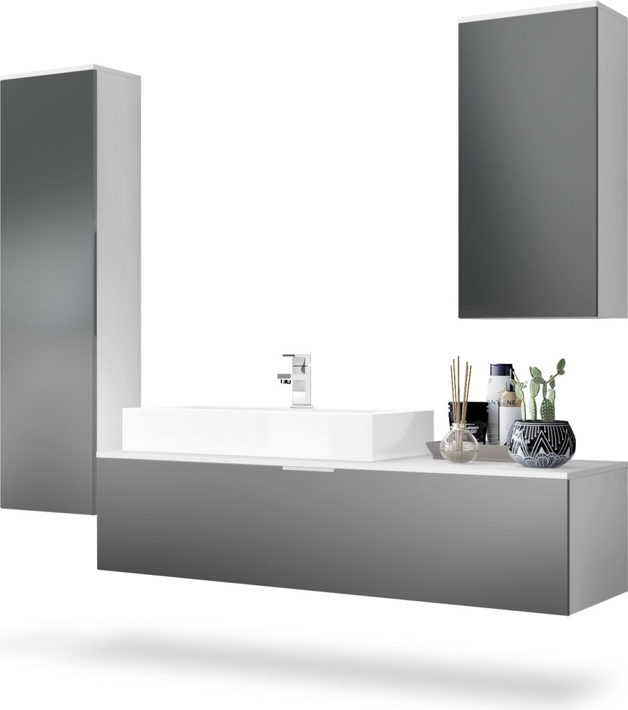 Vladon Badmöbel Komplettset Beach, Germany, Korpus in Weiß matt / Fronten in Graphit seidenmatt, mit Aufsatzwaschbecken und Armatur