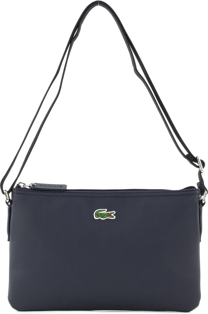 A dark blue Lacoste satchel bag is shown against a white background.