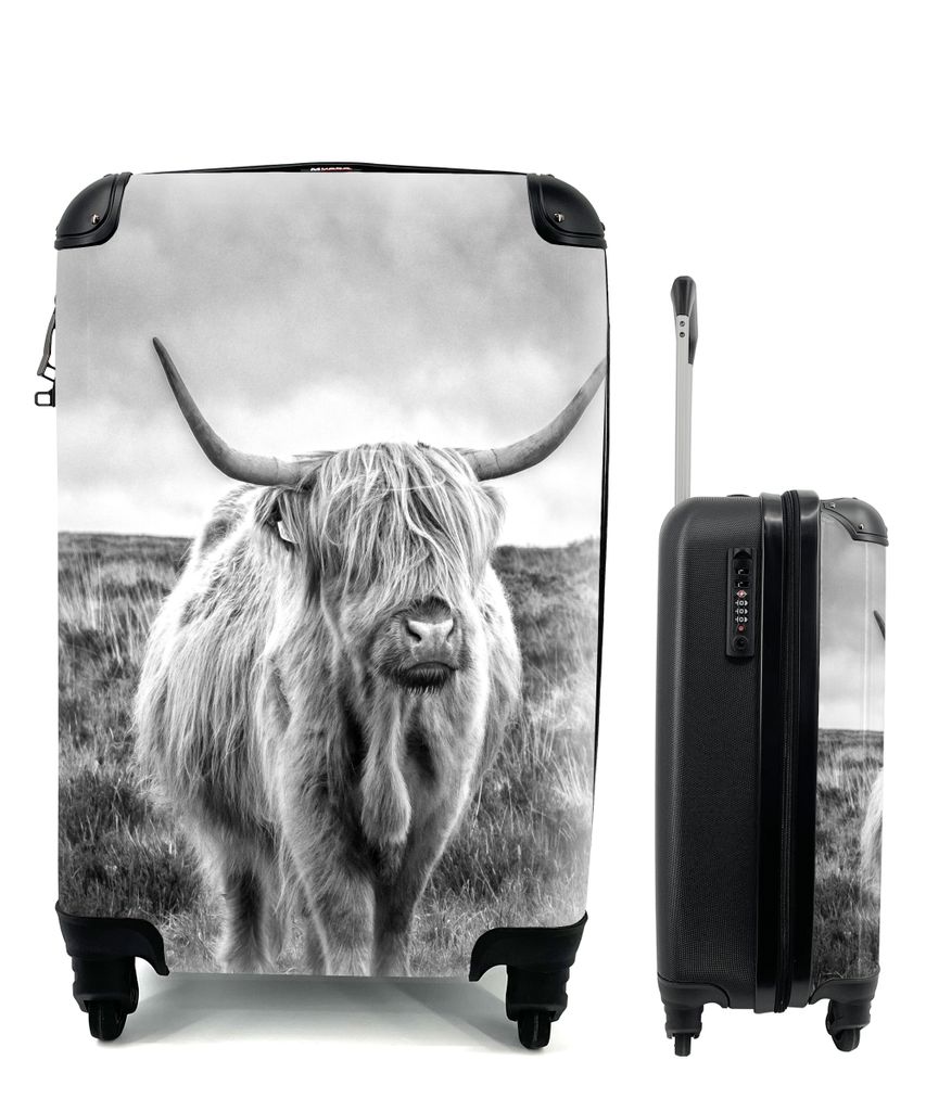 MuchoWow Koffer Handgepäck Trolley Rollkoffer Kleine Reisekoffer mit 4 Rollen - Schottischer Hochländer - Tiere - Wolken - Kuh - Natur - Cabin ...